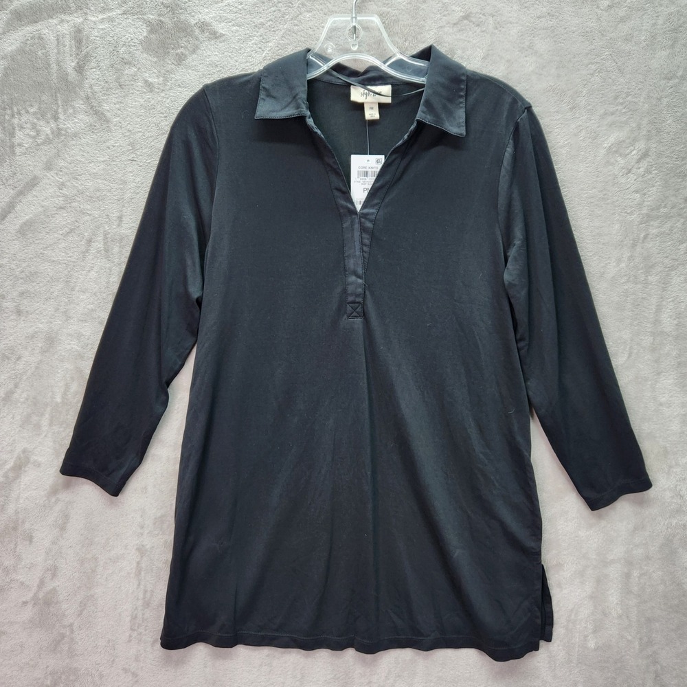 Style & Co Blouse Womens Petite Medium PM Core Knits Deep Black 3/4 Sleeve Top